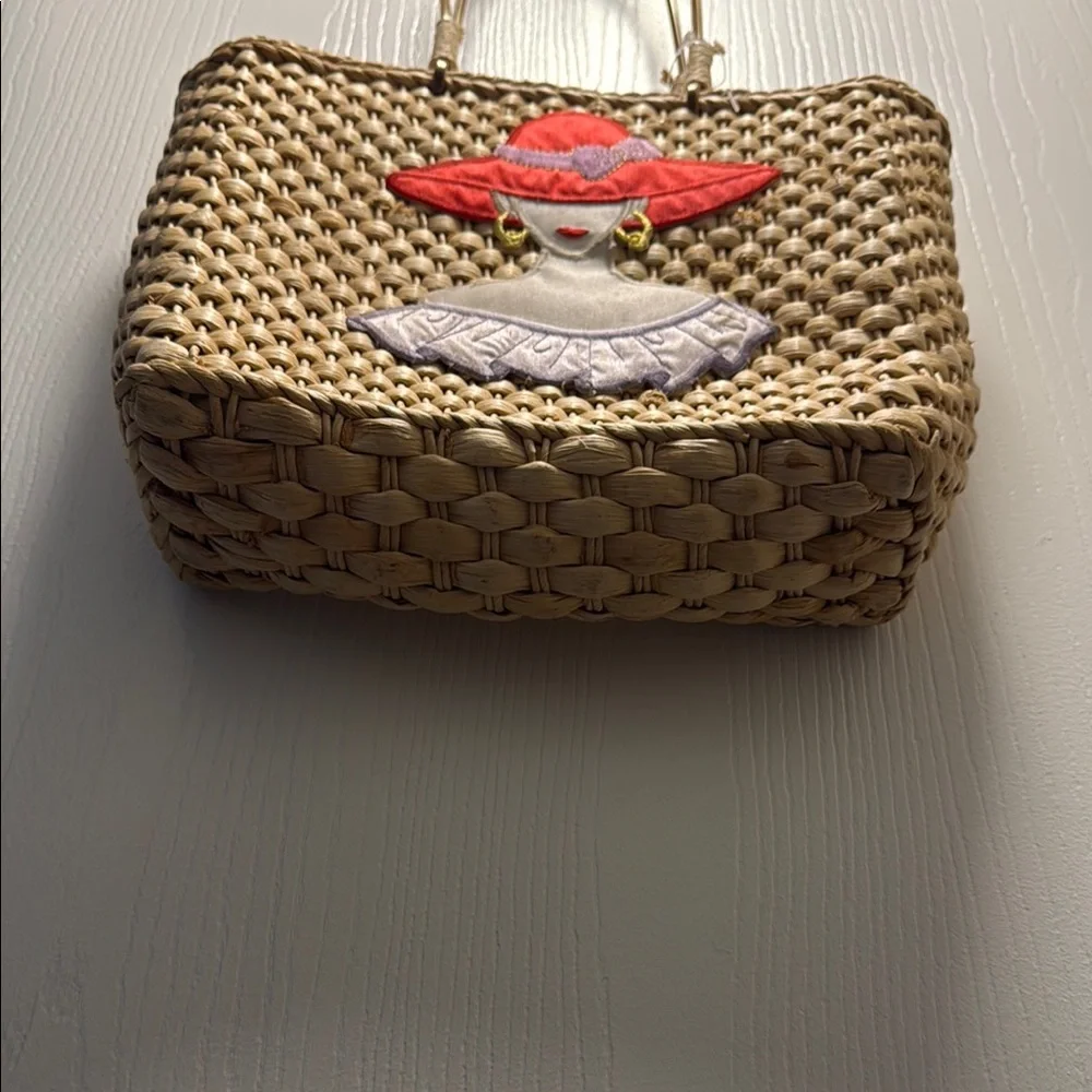 Stylish Tan Woven Tote with Red and Purple Accents - Picture 2 of 3